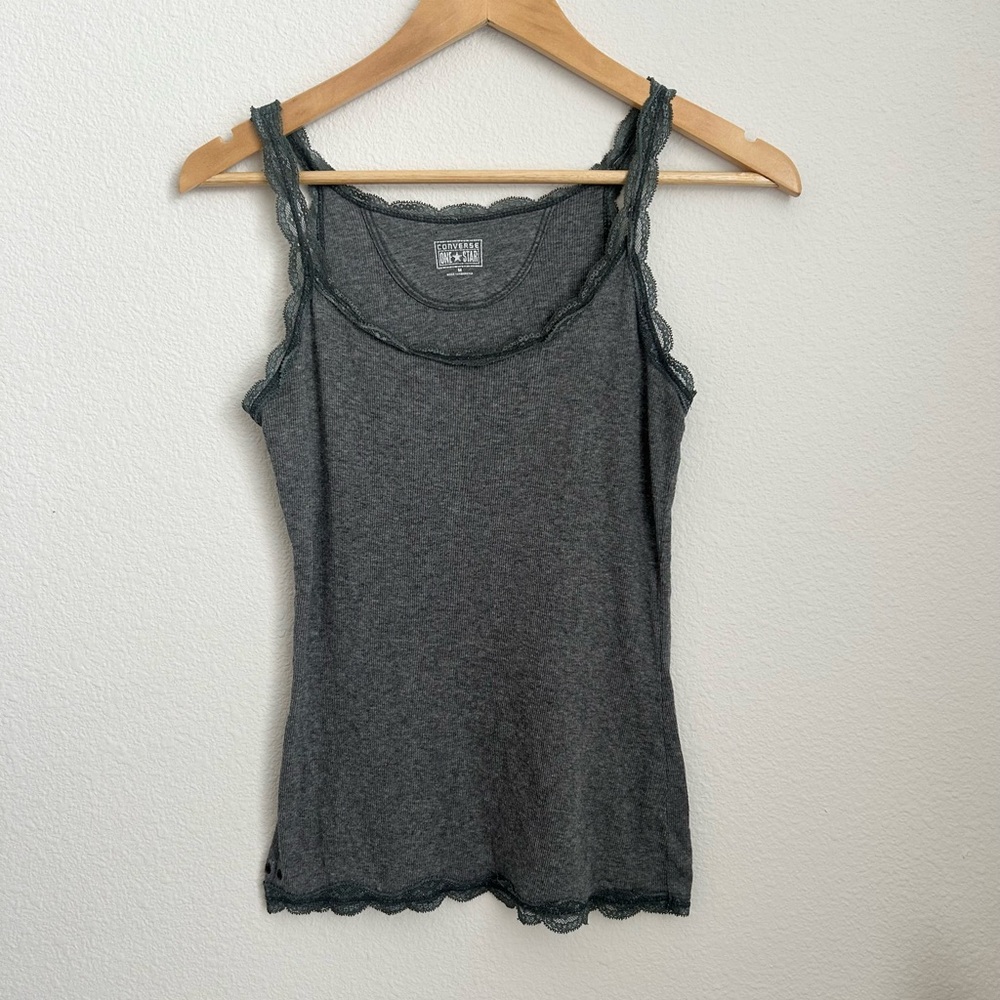 Converse One Star Grey Lace Trim Fitted Tank Top